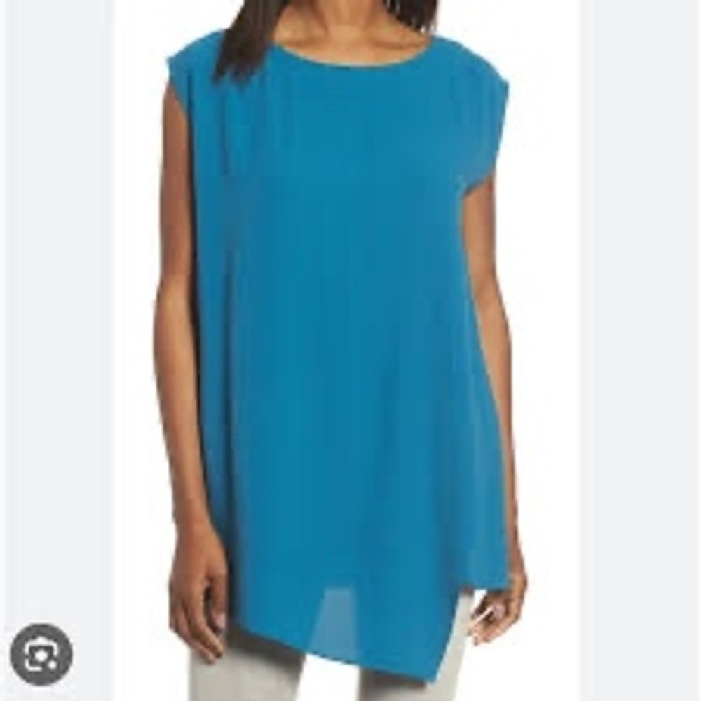 Eileen Fisher Teal Blue Crepe Asymmetric Crossover Sleeveless Tunic Top Small‎